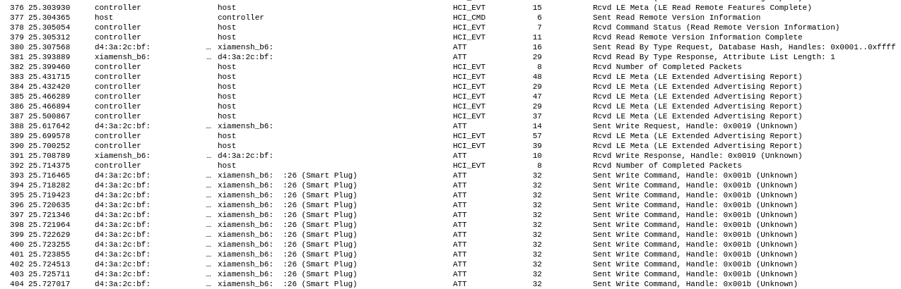 Wireshark screenshot of the bluetooth communication.