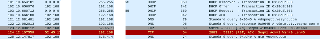 Wireshark screenshot of the initial device setup.